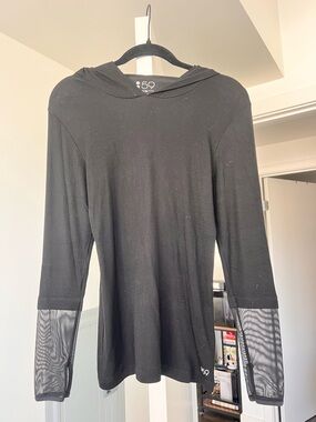 Splits 59 Los Angeles Black Ribbed Long Sleeve Hooded Top Mesh Sleeve- S